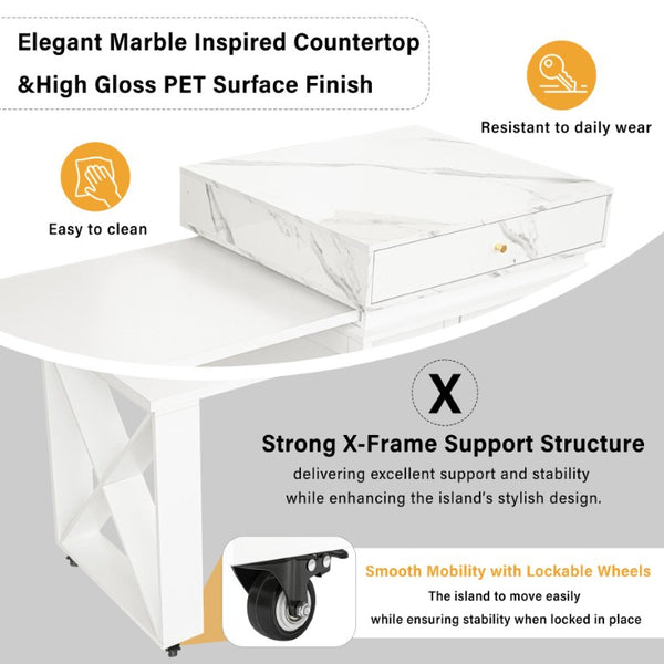 English Elm U_style Marble Pattern Extendable Counter Height Island with Wine Rack and Gold Hardware White WY000487AAK