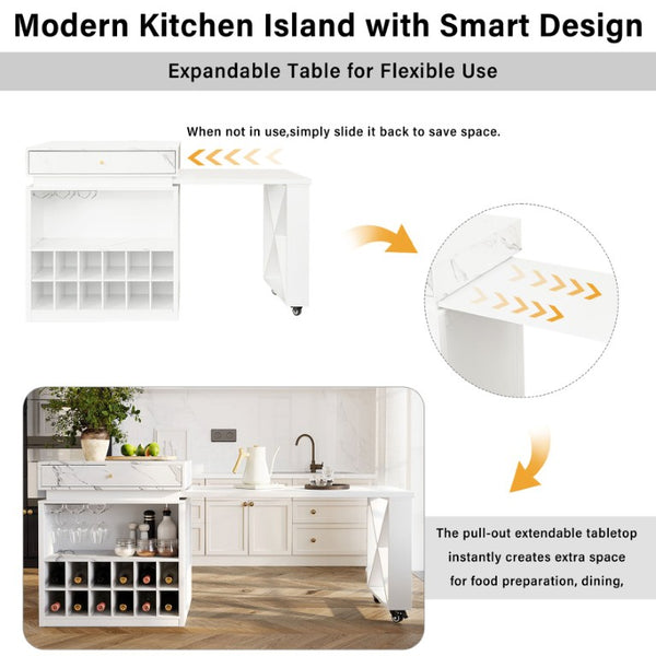 English Elm U_style Marble Pattern Extendable Counter Height Island with Wine Rack and Gold Hardware White WY000487AAK
