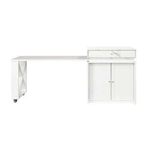 English Elm U_style Marble Pattern Extendable Counter Height Island with Wine Rack and Gold Hardware White WY000487AAK