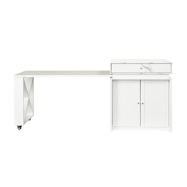 English Elm U_style Marble Pattern Extendable Counter Height Island with Wine Rack and Gold Hardware White WY000487AAK