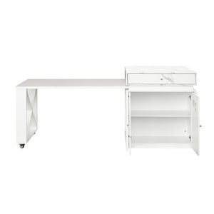 English Elm U_style Marble Pattern Extendable Counter Height Island with Wine Rack and Gold Hardware White WY000487AAK