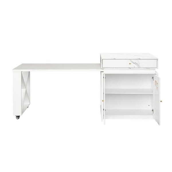 English Elm U_style Marble Pattern Extendable Counter Height Island with Wine Rack and Gold Hardware White WY000487AAK