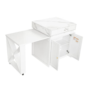 English Elm U_style Marble Pattern Extendable Counter Height Island with Wine Rack and Gold Hardware White WY000487AAK