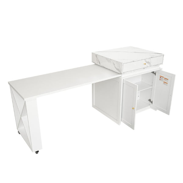 English Elm U_style Marble Pattern Extendable Counter Height Island with Wine Rack and Gold Hardware White WY000487AAK