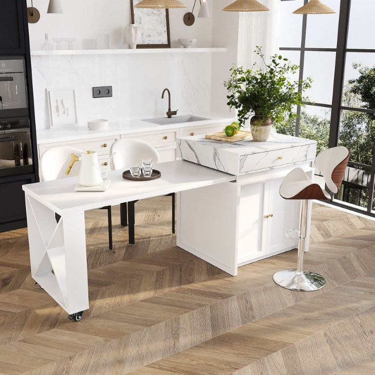 English Elm U_style Marble Pattern Extendable Counter Height Island with Wine Rack and Gold Hardware White WY000487AAK