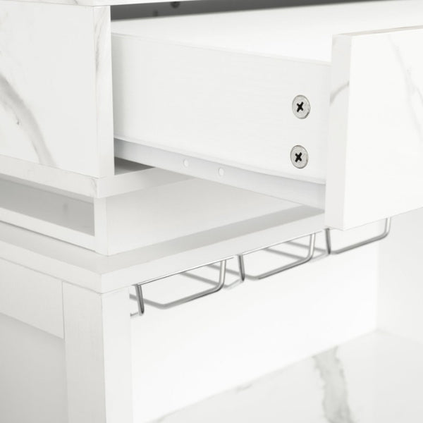 English Elm U_style Marble Pattern Extendable Counter Height Island with Wine Rack and Gold Hardware White WY000487AAK