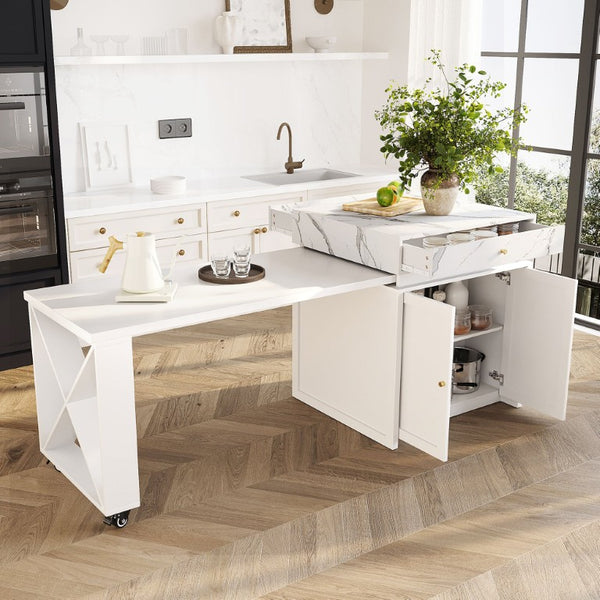 English Elm U_style Marble Pattern Extendable Counter Height Island with Wine Rack and Gold Hardware White WY000487AAK