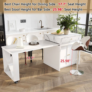 English Elm U_style Marble Pattern Extendable Counter Height Island with Wine Rack and Gold Hardware White WY000487AAK
