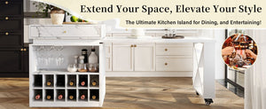 English Elm U_style Marble Pattern Extendable Counter Height Island with Wine Rack and Gold Hardware White WY000487AAK