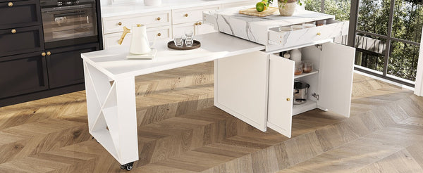 English Elm U_style Marble Pattern Extendable Counter Height Island with Wine Rack and Gold Hardware White WY000487AAK