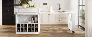 English Elm U_style Marble Pattern Extendable Counter Height Island with Wine Rack and Gold Hardware White WY000487AAK