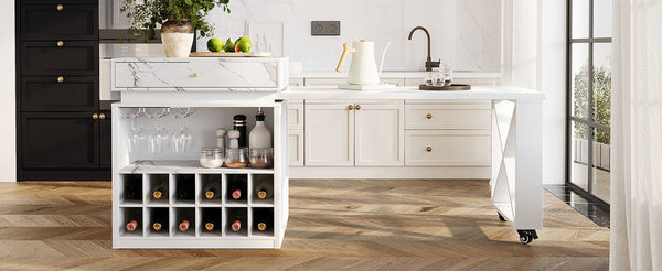 English Elm U_style Marble Pattern Extendable Counter Height Island with Wine Rack and Gold Hardware White WY000487AAK