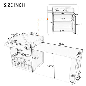 English Elm U_style Marble Pattern Extendable Counter Height Island with Wine Rack and Gold Hardware White WY000487AAK