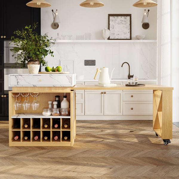 English Elm U_style Marble Pattern Extendable Counter Height Island with Wine Rack and Gold Hardware Natural WY000487AAO