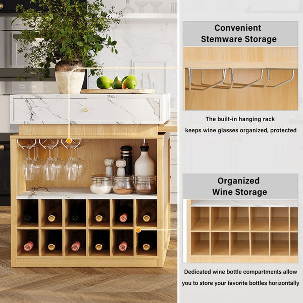 English Elm U_style Marble Pattern Extendable Counter Height Island with Wine Rack and Gold Hardware Natural WY000487AAO