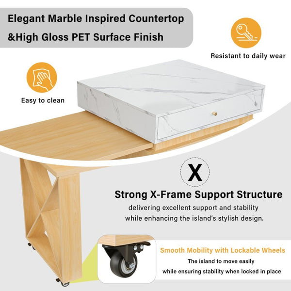 English Elm U_style Marble Pattern Extendable Counter Height Island with Wine Rack and Gold Hardware Natural WY000487AAO