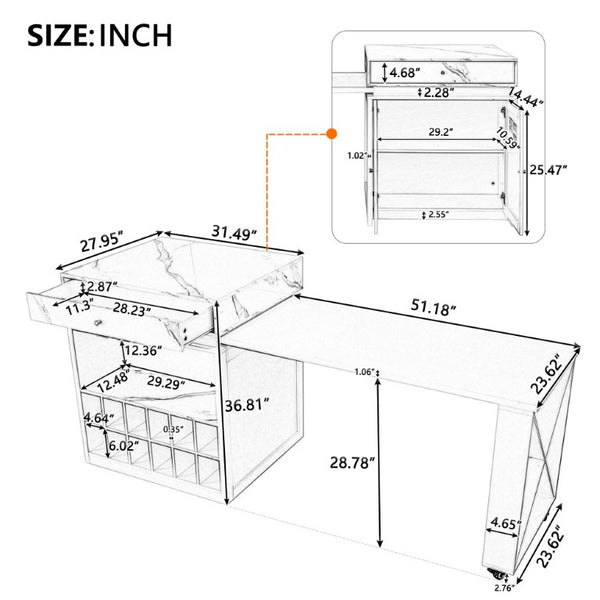 English Elm U_style Marble Pattern Extendable Counter Height Island with Wine Rack and Gold Hardware Natural WY000487AAO