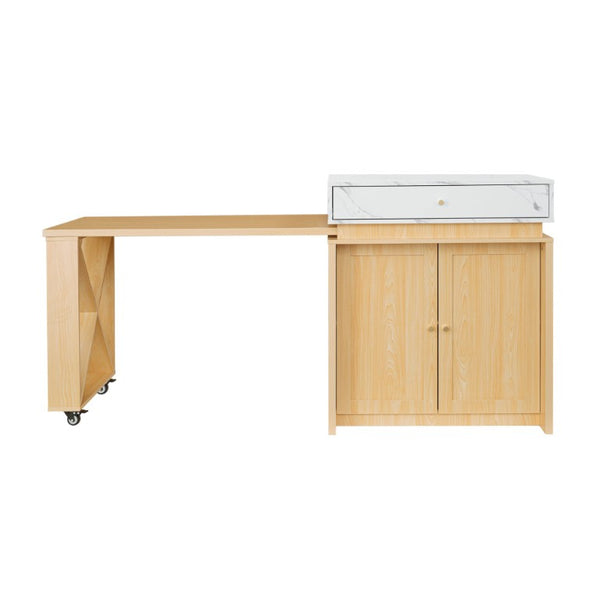 English Elm U_style Marble Pattern Extendable Counter Height Island with Wine Rack and Gold Hardware Natural WY000487AAO