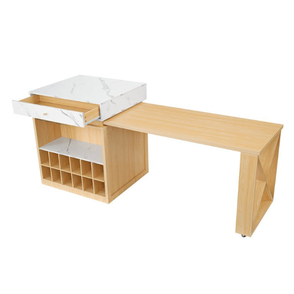 English Elm U_style Marble Pattern Extendable Counter Height Island with Wine Rack and Gold Hardware Natural WY000487AAO