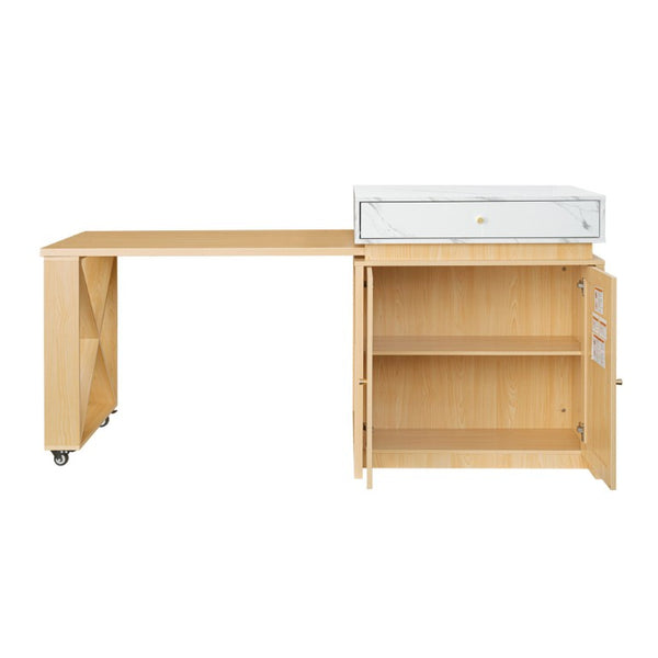English Elm U_style Marble Pattern Extendable Counter Height Island with Wine Rack and Gold Hardware Natural WY000487AAO