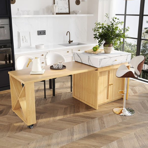 English Elm U_style Marble Pattern Extendable Counter Height Island with Wine Rack and Gold Hardware Natural WY000487AAO