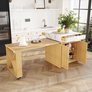 English Elm U_style Marble Pattern Extendable Counter Height Island with Wine Rack and Gold Hardware Natural WY000487AAO