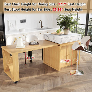 English Elm U_style Marble Pattern Extendable Counter Height Island with Wine Rack and Gold Hardware Natural WY000487AAO