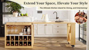 English Elm U_style Marble Pattern Extendable Counter Height Island with Wine Rack and Gold Hardware Natural WY000487AAO