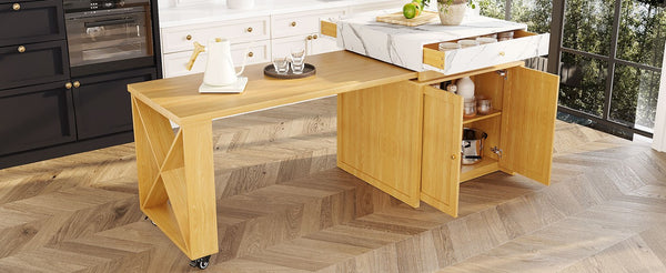 English Elm U_style Marble Pattern Extendable Counter Height Island with Wine Rack and Gold Hardware Natural WY000487AAO