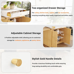 English Elm U_style Marble Pattern Extendable Counter Height Island with Wine Rack and Gold Hardware Natural WY000487AAO