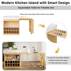 English Elm U_style Marble Pattern Extendable Counter Height Island with Wine Rack and Gold Hardware Natural WY000487AAO