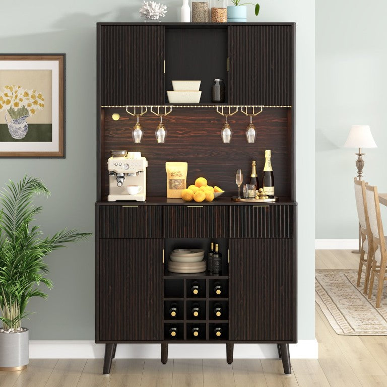 English Elm U_style 72 Inch Freestanding Bar Cabinet with App LED Lighting and Wine Storage Reddish-Brown WY000488AAD