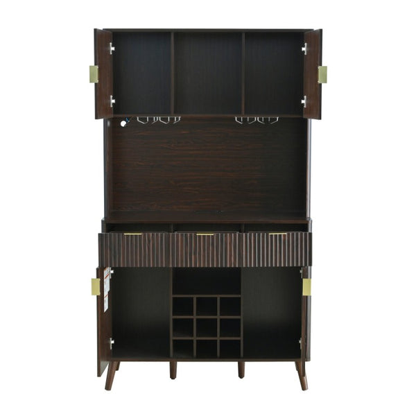 English Elm U_style 72 Inch Freestanding Bar Cabinet with App LED Lighting and Wine Storage Reddish-Brown WY000488AAD