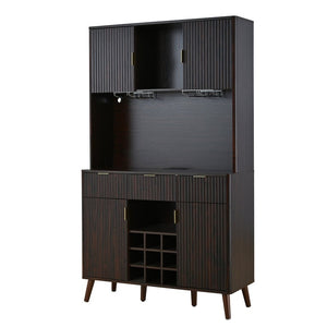 English Elm U_style 72 Inch Freestanding Bar Cabinet with App LED Lighting and Wine Storage Reddish-Brown WY000488AAD