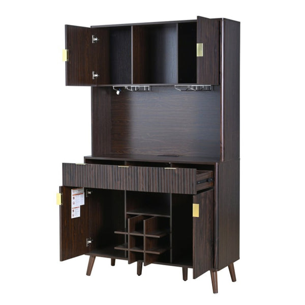 English Elm U_style 72 Inch Freestanding Bar Cabinet with App LED Lighting and Wine Storage Reddish-Brown WY000488AAD