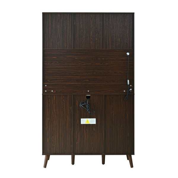 English Elm U_style 72 Inch Freestanding Bar Cabinet with App LED Lighting and Wine Storage Reddish-Brown WY000488AAD
