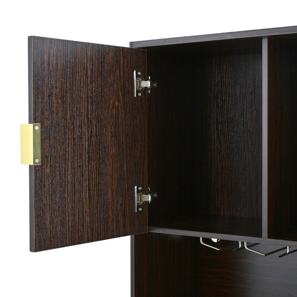 English Elm U_style 72 Inch Freestanding Bar Cabinet with App LED Lighting and Wine Storage Reddish-Brown WY000488AAD