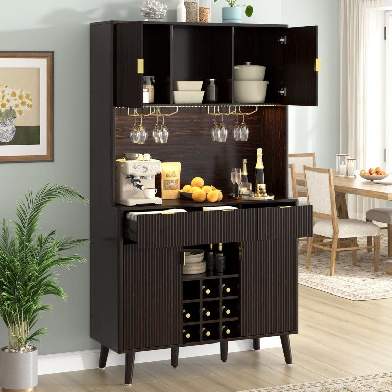 English Elm U_style 72 Inch Freestanding Bar Cabinet with App LED Lighting and Wine Storage Reddish-Brown WY000488AAD