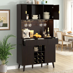 English Elm U_style 72 Inch Freestanding Bar Cabinet with App LED Lighting and Wine Storage Reddish-Brown WY000488AAD