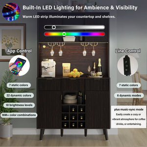 English Elm U_style 72 Inch Freestanding Bar Cabinet with App LED Lighting and Wine Storage Reddish-Brown WY000488AAD