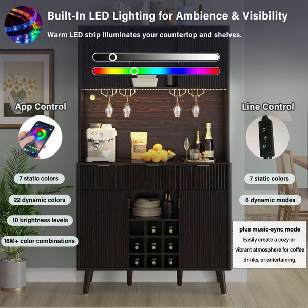 English Elm U_style 72 Inch Freestanding Bar Cabinet with App LED Lighting and Wine Storage Reddish-Brown WY000488AAD