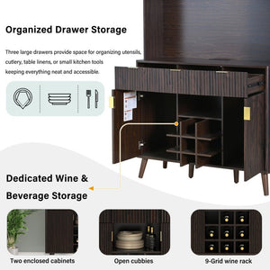 English Elm U_style 72 Inch Freestanding Bar Cabinet with App LED Lighting and Wine Storage Reddish-Brown WY000488AAD