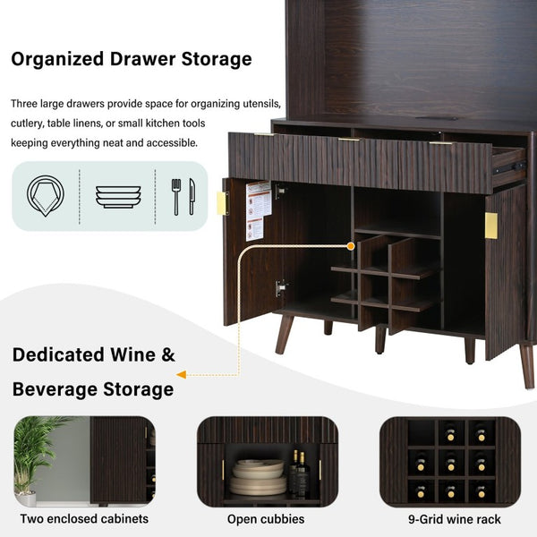 English Elm U_style 72 Inch Freestanding Bar Cabinet with App LED Lighting and Wine Storage Reddish-Brown WY000488AAD