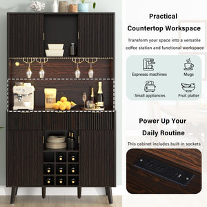 English Elm U_style 72 Inch Freestanding Bar Cabinet with App LED Lighting and Wine Storage Reddish-Brown WY000488AAD