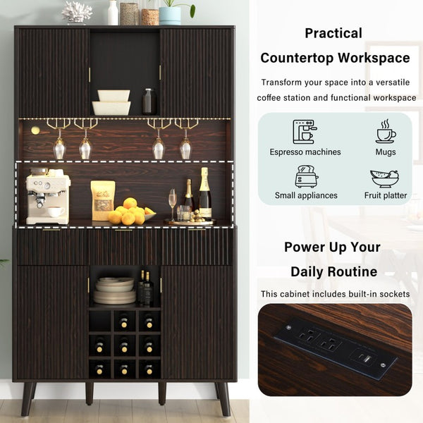 English Elm U_style 72 Inch Freestanding Bar Cabinet with App LED Lighting and Wine Storage Reddish-Brown WY000488AAD