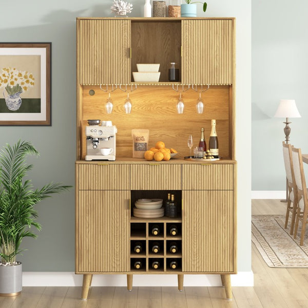 English Elm U_style Tall Kitchen Sideboard with LED Lighting Built-In Outlets and Nine Bottle Wine Rack WY000488AAO