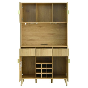 English Elm U_style Tall Kitchen Sideboard with LED Lighting Built-In Outlets and Nine Bottle Wine Rack WY000488AAO