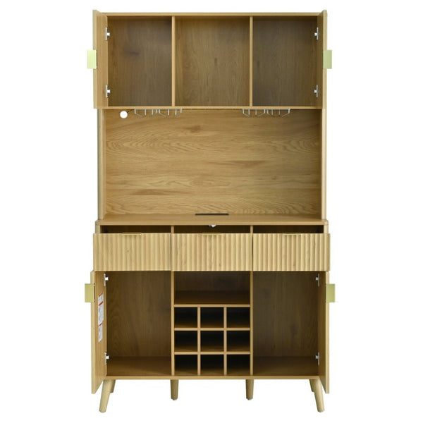 English Elm U_style Tall Kitchen Sideboard with LED Lighting Built-In Outlets and Nine Bottle Wine Rack WY000488AAO