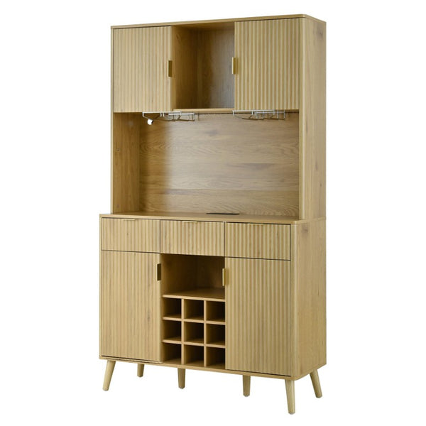 English Elm U_style Tall Kitchen Sideboard with LED Lighting Built-In Outlets and Nine Bottle Wine Rack WY000488AAO