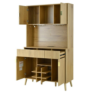 English Elm U_style Tall Kitchen Sideboard with LED Lighting Built-In Outlets and Nine Bottle Wine Rack WY000488AAO